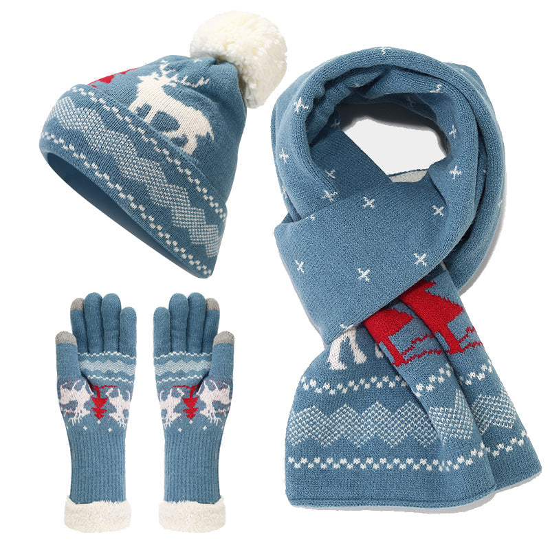Christmas hat, scarf, gloves, three piece set, European and American reindeer jacquard, autumn and winter warm knit set The best gift for family and friends