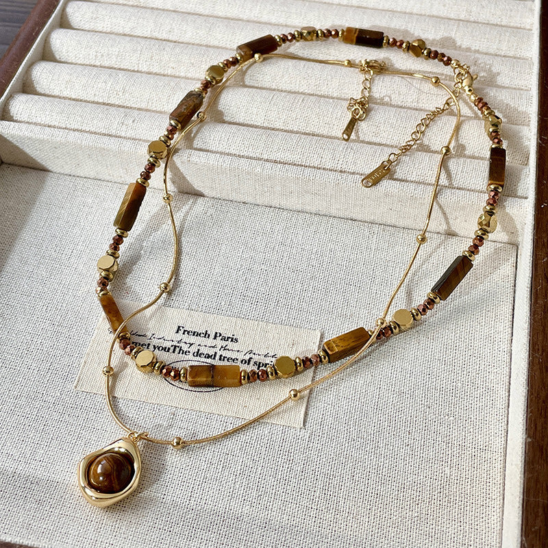 Ladies' retro temperament sweater necklace, double-layer layered autumn and winter Maillard bead tiger eye stone pendant necklace, clothing accessories, exquisite chain for friends, gifts for herself, Christmas gratitude gift box