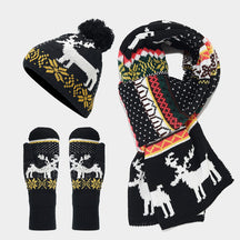 Christmas hat, scarf, gloves, three piece set, European and American reindeer jacquard, autumn and winter warm knit set The best gift for family and friends