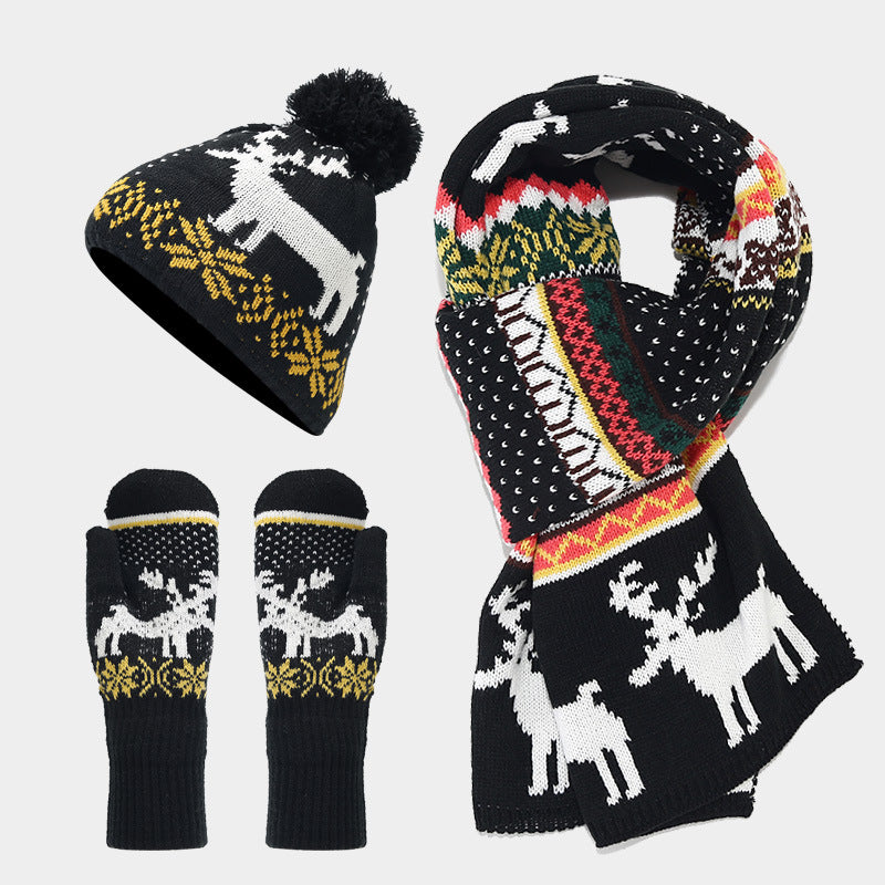 Christmas hat, scarf, gloves, three piece set, European and American reindeer jacquard, autumn and winter warm knit set The best gift for family and friends