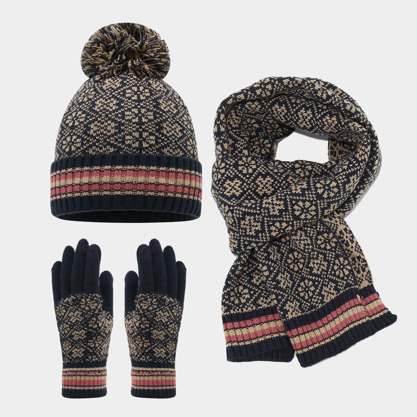 Christmas hat, scarf, gloves, three piece set, European and American reindeer jacquard, autumn and winter warm knit set The best gift for family and friends