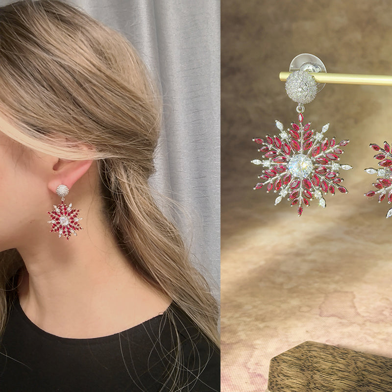Euramerican colored zircon earrings Elegant fashion temperament light luxury senior sense women's earrings Christmas snowflake earrings to send your friends to send her jewelry sisters birthday gift red white blue snowflake shaped earrings gift box