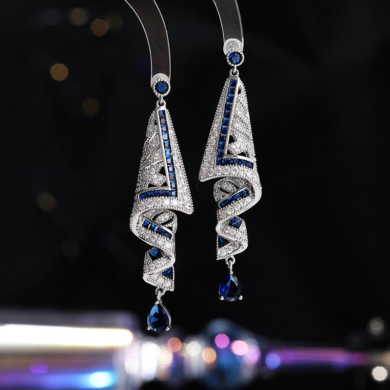 Fashion Green Cubic Zirconia Spiral Earring for Women Geometric Chunky Long Water Drop Royal Blue Dangle Earrings Festival Party Accessories